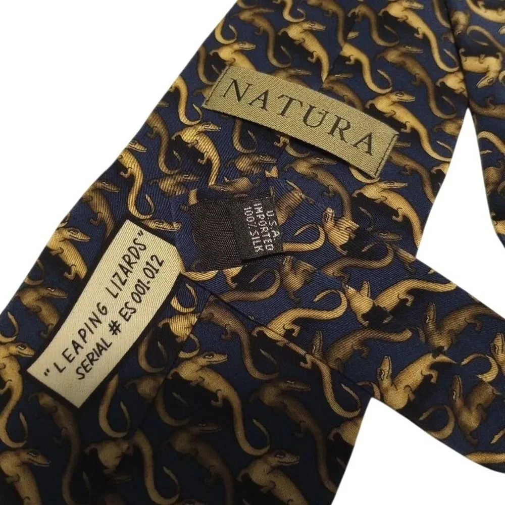 NATURA Leaping Lizards 100% Silk Necktie Navy Blue Gold Men's Formal Made in USA